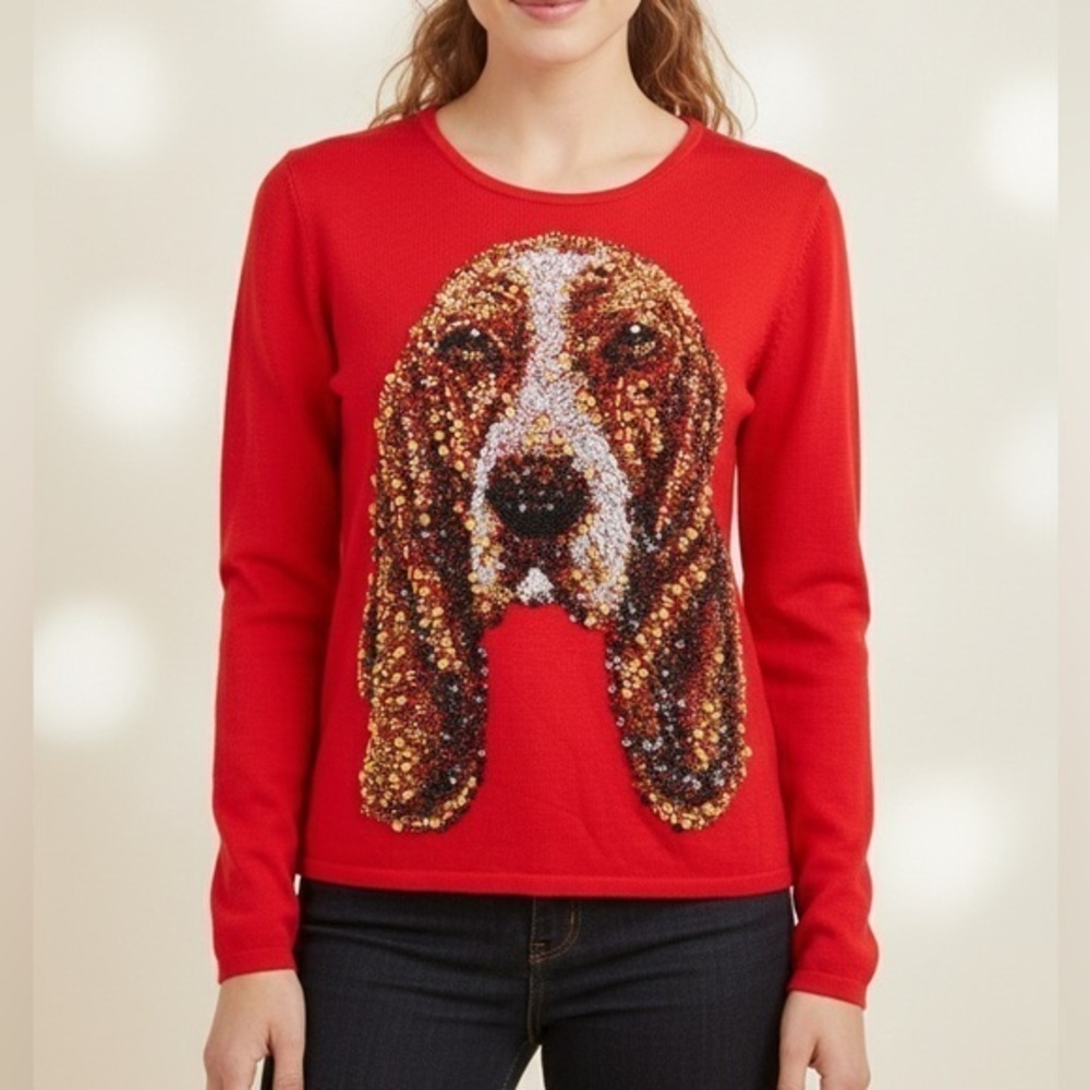 MICHAEL SIMON NEW YORK Vintage Beaded Sequin Basset Hound Dog Sweater Small